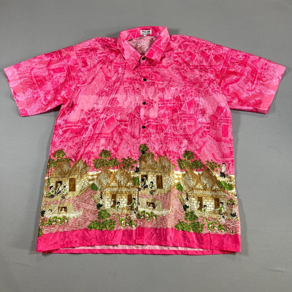 Thai Silk Button Up Shirt Mens 3XL Pink Scenic Asian Village Print Resort Wear